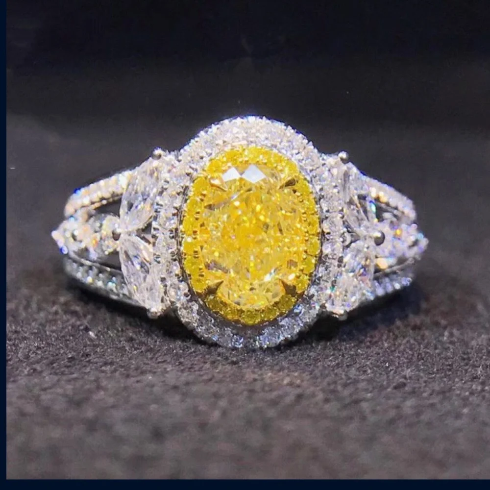 💍Lux Canary Yellow &White Cz Diamond Halo Cocktail Ring